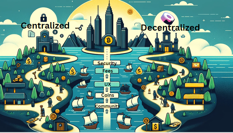 Infographic showing factors to consider between centralized and decentralized crypto exchanges